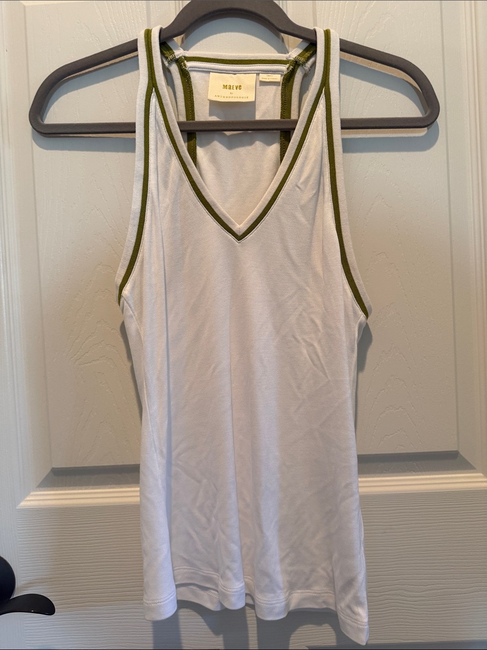 Anthropologie Maeve White Tank with Olive Trim